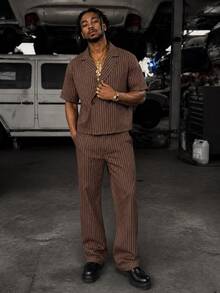 GETOML Men's Brown Striped D Pin Oversized 90s Retro Shirt Wide Leg Pants 2 Pieces Set Streetwear Vacation Summer Linen Casual Date Night Holiday Rave - Brown - View 5