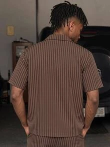 GETOML Men's Brown Striped D Pin Oversized 90s Retro Shirt Wide Leg Pants 2 Pieces Set Streetwear Vacation Summer Linen Casual Date Night Holiday Rave - Brown - View 3