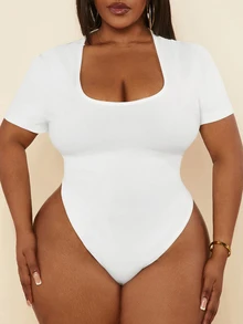 Slaydiva Plus Size Women Short Sleeve Bodysuit In Solid Color Tight-Fitting With Low Neckline And Ribbed Fabric For Daily Leisure Wear, For Summer - White - View 6