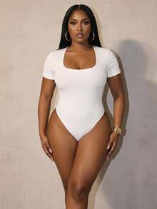 Slaydiva Plus Size Women Short Sleeve Bodysuit In Solid Color Tight-Fitting With Low Neckline And Ribbed Fabric For Daily Leisure Wear, For Summer - White - View 1