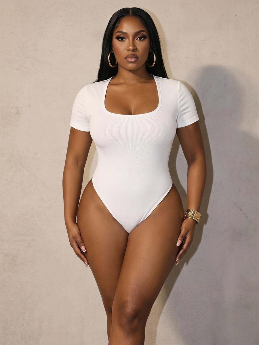 Slaydiva Plus Size Women Short Sleeve Bodysuit In Solid Color Tight-Fitting With Low Neckline And Ribbed Fabric For Daily Leisure Wear, For Summer - White - View 1