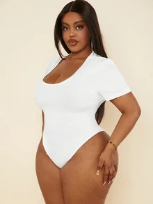 Slaydiva Plus Size Women Short Sleeve Bodysuit In Solid Color Tight-Fitting With Low Neckline And Ribbed Fabric For Daily Leisure Wear, For Summer - White - View 3