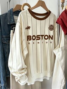 Lalippa Áo nỉ chui đầu nữ phong cách vintage Mỹ, sọc dọc, cổ tròn, kiểu collegiate, in chữ BOSTON kèm huy hiệu, phối bo gân tương phản, dáng rộng, vai trễ, casual - Nhiều màu - Xem 4