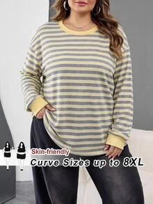 SHEIN CURVE+ Plus Size Women's Casual Round Neck Long Sleeve Striped Sweatshirt - Multicolor - View 4