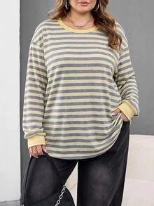 SHEIN CURVE+ Plus Size Women's Casual Round Neck Long Sleeve Striped Sweatshirt - Multicolor - View 5