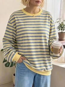 SHEIN CURVE+ Plus Size Women's Casual Round Neck Long Sleeve Striped Sweatshirt - Multicolor - View 1