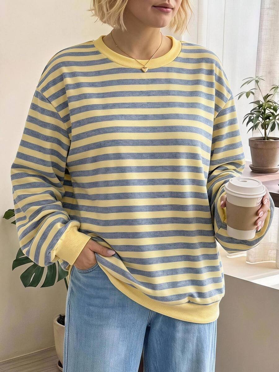 SHEIN CURVE+ Plus Size Women's Casual Round Neck Long Sleeve Striped Sweatshirt - Multicolor - View 1