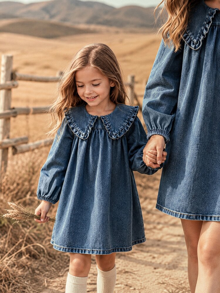SHEIN Elladie kids Autumn Girls' Denim Dress With Large Ruffle Collar, Puff Sleeves, Casual Fairy Cowgirl Versatile Children's Dress 7th Birthday Little Bride Blue Fall - Blue - View 1