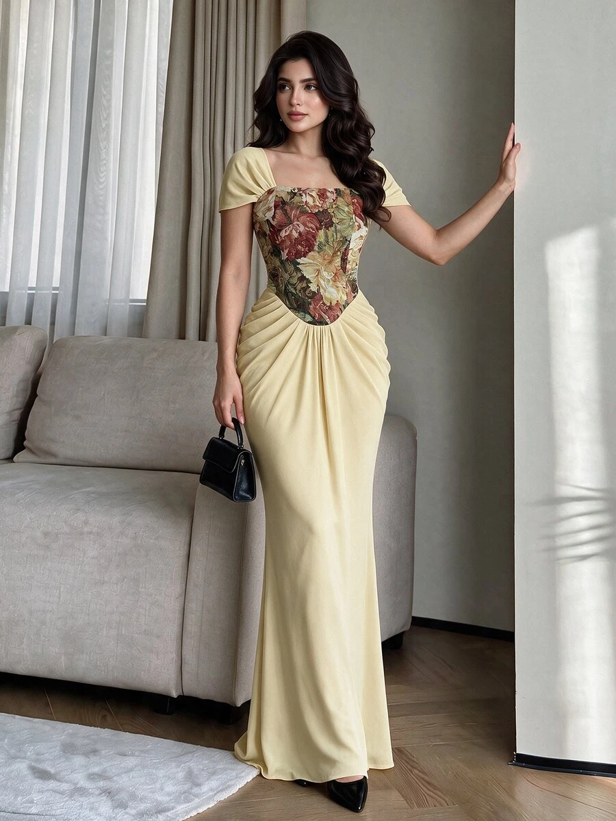 Modelyn 女士春夏杏色针织短袖拼接提花收腰喇叭下摆优雅浪漫连衣裙 - 淡黃色 - 查看 1