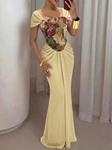 Modelyn 女士春夏杏色针织短袖拼接提花收腰喇叭下摆优雅浪漫连衣裙 - 淡黃色 - 查看 8