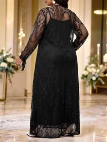 Fleurora Plus Size Women Solid Color Spaghetti Strap Dress And Lace Cardigan Casual 2 Pieces Set Fall - Black - View 4