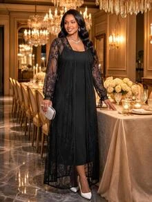 Fleurora Plus Size Women Solid Color Spaghetti Strap Dress And Lace Cardigan Casual 2 Pieces Set Fall - Black - View 3