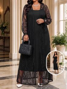 Fleurora Plus Size Women Solid Color Spaghetti Strap Dress And Lace Cardigan Casual 2 Pieces Set Fall - Black - View 1