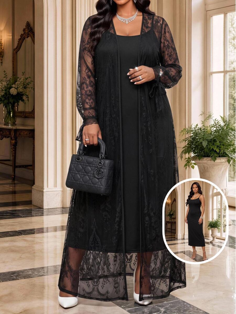 Fleurora Plus Size Women Solid Color Spaghetti Strap Dress And Lace Cardigan Casual 2 Pieces Set Fall - Black - View 1