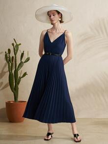 Airaco Women's Casual Pleated Solid Color Slip Dress - Navy Blue - View 7