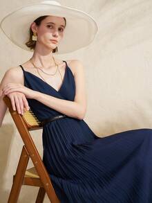 Airaco Women's Casual Pleated Solid Color Slip Dress - Navy Blue - View 8