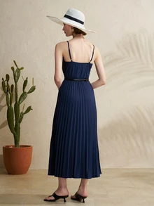 Airaco Women's Casual Pleated Solid Color Slip Dress - Navy Blue - View 5