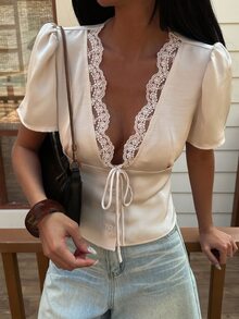 Strévra Spring & Summer Hollow Lace Patchwork Tie-Up V-Neck Casual Beach Vacation Fitted Elegant Short Sleeve Blouse For Women - Beige - View 9