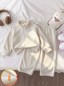 SHEIN 2件組幼女運動衫長褲套裝，可愛甜美米色奶油色，半拉鍊毛茸茸絨毛長袖立領加厚冬季派對套頭慢跑褲 - 杏色 - 查看 7