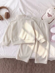 SHEIN 2件組幼女運動衫長褲套裝，可愛甜美米色奶油色，半拉鍊毛茸茸絨毛長袖立領加厚冬季派對套頭慢跑褲 - 杏色 - 查看 2