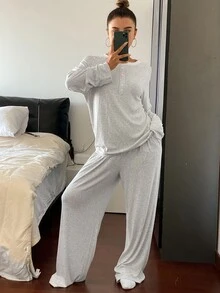 Livesso 2pcs Women Spring Loungewear Set , Contrast Color Loose Long Sleeve Top & Pants, Fall Winter Clothes Pajama, Cozy Outfit - Grey - View 3