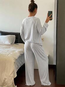 Livesso 2pcs Women Spring Loungewear Set , Contrast Color Loose Long Sleeve Top & Pants, Fall Winter Clothes Pajama, Cozy Outfit - Grey - View 2