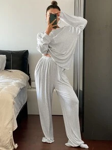 Livesso 2pcs Women Spring Loungewear Set , Contrast Color Loose Long Sleeve Top & Pants, Fall Winter Clothes Pajama, Cozy Outfit - Grey - View 5