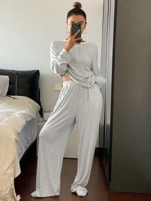 Livesso 2pcs Women Spring Loungewear Set , Contrast Color Loose Long Sleeve Top & Pants, Fall Winter Clothes Pajama, Cozy Outfit - Grey - View 6
