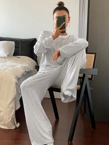 Livesso 2pcs Women Spring Loungewear Set , Contrast Color Loose Long Sleeve Top & Pants, Fall Winter Clothes Pajama, Cozy Outfit - Grey - View 4