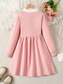 兒童青少年女孩休閒甜美優雅翻領串珠荷葉邊3D蝴蝶結撞色中長洋裝 秋冬款 蓮花粉杏色 - 粉色 - 查看 2