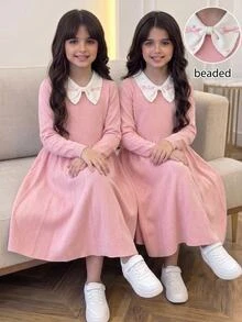 兒童青少年女孩休閒甜美優雅翻領串珠荷葉邊3D蝴蝶結撞色中長洋裝 秋冬款 蓮花粉杏色 - 粉色 - 查看 9