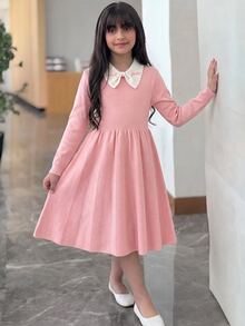 兒童青少年女孩休閒甜美優雅翻領串珠荷葉邊3D蝴蝶結撞色中長洋裝 秋冬款 蓮花粉杏色 - 粉色 - 查看 5