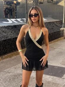 SHEIN ICON 夏季西部波西米亚乡村音乐会黑色优雅无袖露背蕾丝撞色网纱连衣裙 - 黑色 - 查看 1