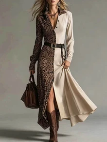 Glimmora Autumn/Winter Women's Fashion Leopard Print Patchwork Solid Color Long Sleeve Lapel Single-Breasted Shirt Dress - Brown - View 4