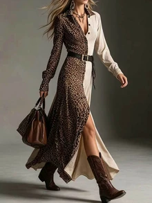 Glimmora Autumn/Winter Women's Fashion Leopard Print Patchwork Solid Color Long Sleeve Lapel Single-Breasted Shirt Dress - Brown - View 5