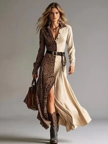 Glimmora Autumn/Winter Women's Fashion Leopard Print Patchwork Solid Color Long Sleeve Lapel Single-Breasted Shirt Dress - Brown - View 3