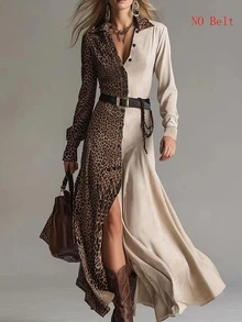 Glimmora Autumn/Winter Women's Fashion Leopard Print Patchwork Solid Color Long Sleeve Lapel Single-Breasted Shirt Dress - Brown - View 6