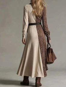 Glimmora Autumn/Winter Women's Fashion Leopard Print Patchwork Solid Color Long Sleeve Lapel Single-Breasted Shirt Dress - Brown - View 2