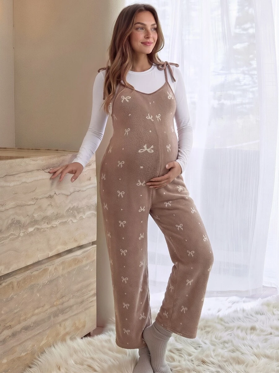 SHEIN Maternity Bow Pattern Shoulder Knot Wide Leg Overall Jumpsuit Fall - Brown - View 1