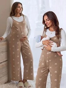 SHEIN Maternity-jumpsuit med rosettmönster, axelknut och vida ben, höst - Brun - Visa 1