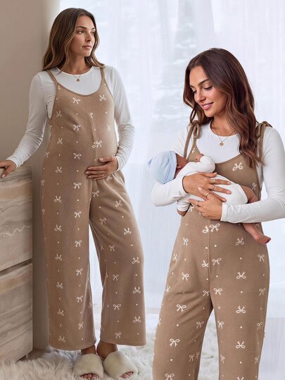 SHEIN جمبسوت أوفرول للحوامل بنمط فيونكة وعقدة على الكتف وساق واسعة للخريف
