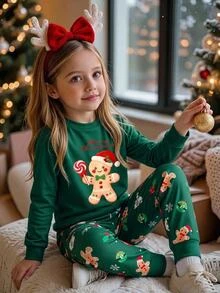 SHEIN Tween女孩秋冬聖誕可愛時尚百搭派對長袖褲裝套裝 日常居家貼身穿著 - 彩色 - 查看 14