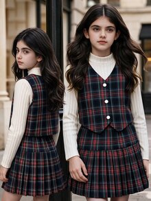 SHEIN 青少年女孩格紋百褶裙背心套裝 3件組 英倫學院風 80年代校園穿搭 校外穿搭 白色紅色格紋 秋季 - 彩色 - 查看 3