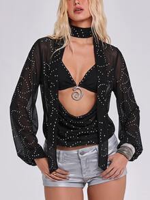 ROMWE Fall/Winter Sexy Y2K Party Style Deep Draped Neck Asymmetrical Foil Print Women's Long Sleeve Blouse - Black - View 1