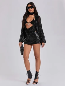 ROMWE Fall/Winter Sexy Y2K Party Style Deep Draped Neck Asymmetrical Foil Print Women's Long Sleeve Blouse - Black - View 6