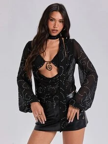 ROMWE Fall/Winter Sexy Y2K Party Style Deep Draped Neck Asymmetrical Foil Print Women's Long Sleeve Blouse - Black - View 4