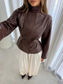 Siren Gaze Fitted Women's Solid Color Minimalist Short PU Leather Jacket, Long Sleeve Crop Top Cropped Dark Fall Brown Going Out Party - Multicolor - View 3