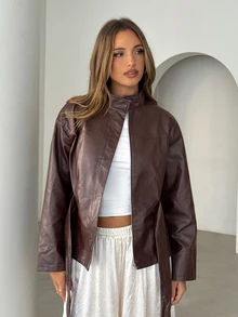 Siren Gaze Fitted Women's Solid Color Minimalist Short PU Leather Jacket, Long Sleeve Crop Top Cropped Dark Fall Brown Going Out Party - Multicolor - View 11
