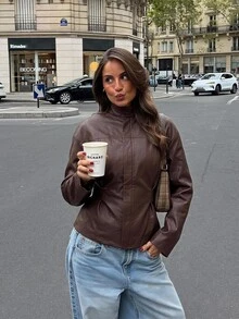 Siren Gaze Fitted Women's Solid Color Minimalist Short PU Leather Jacket, Long Sleeve Crop Top Cropped Dark Fall Brown Going Out Party - Multicolor - View 10