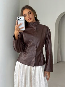 Siren Gaze Fitted Women's Solid Color Minimalist Short PU Leather Jacket, Long Sleeve Crop Top Cropped Dark Fall Brown Going Out Party - Multicolor - View 6